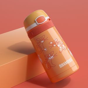 XQD Orange Cat 350ml Insulated Bottle with Straw