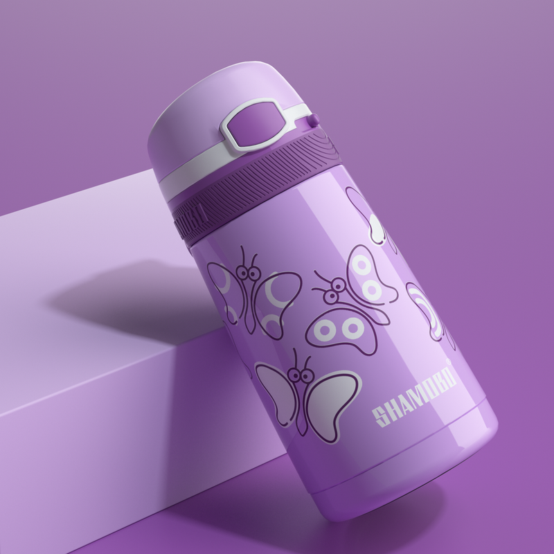 XQD Purple Butterfly 350ml Insulated Bottle with Straw