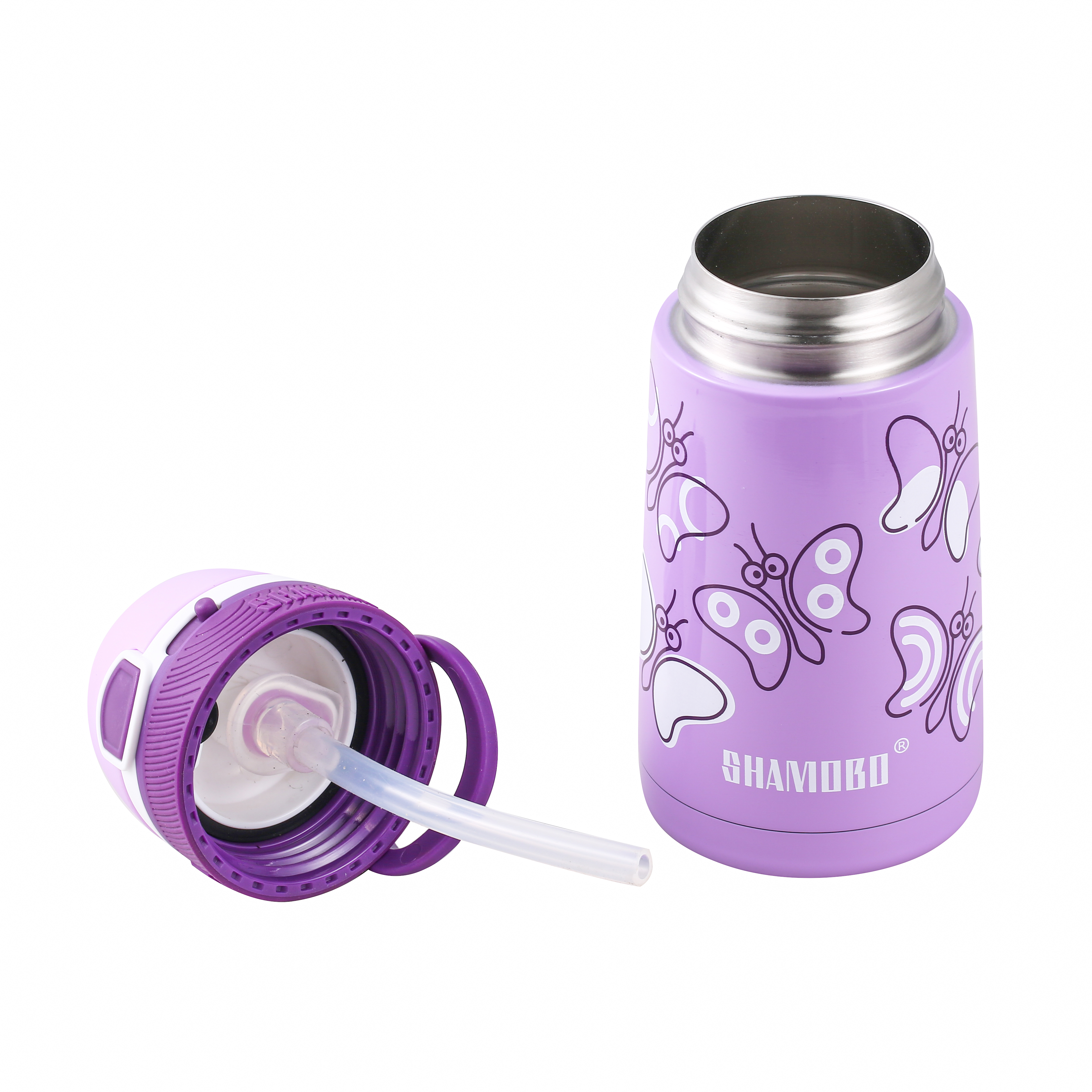XQD Purple Butterfly 350ml Insulated Bottle with Straw